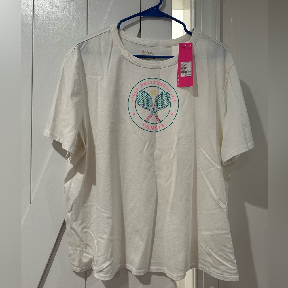 NWT Lilly Pulitzer White Holding Court Tennis Graphic Rally Tee Shirt Size XL